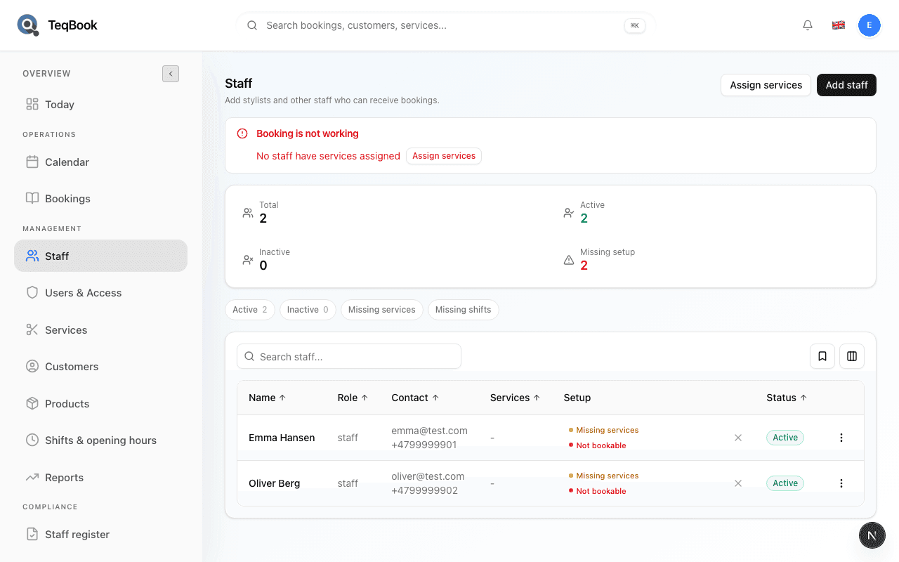 Staff list with Active and Inactive filters