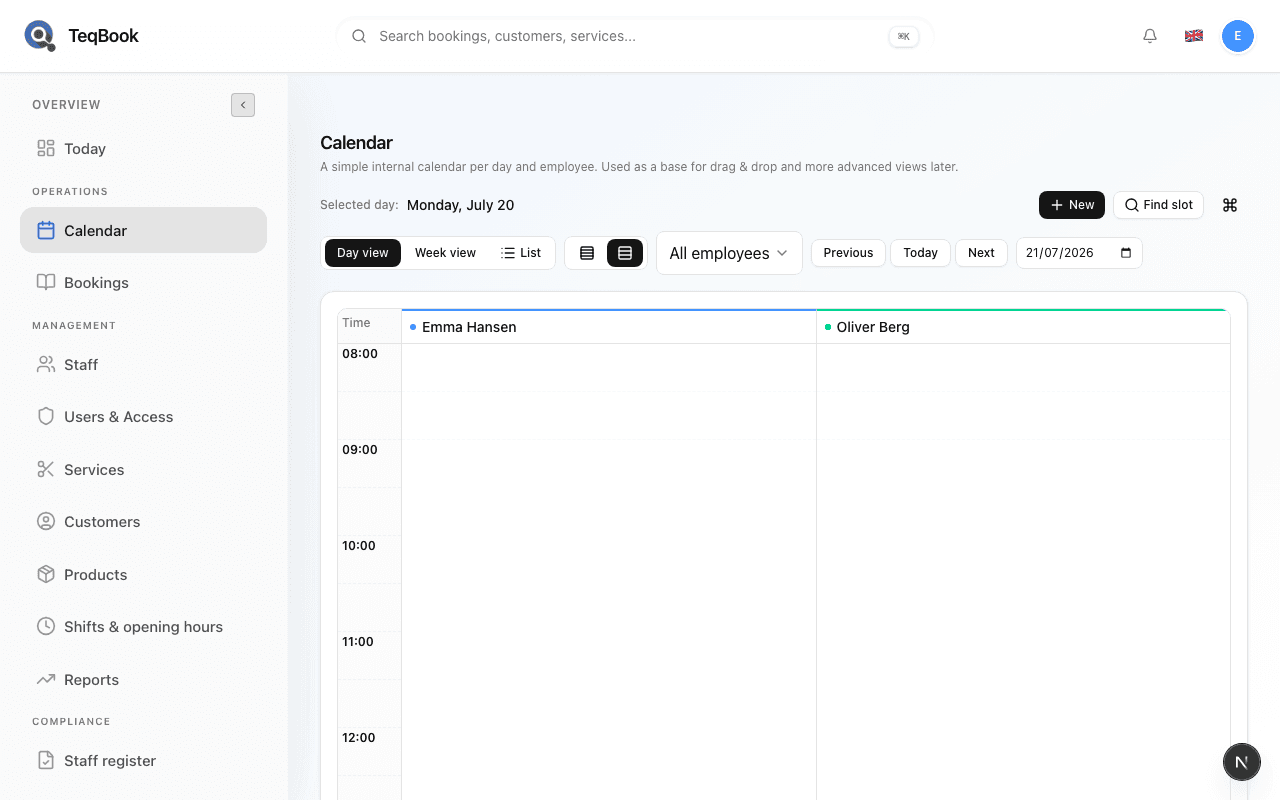 Calendar toolbar with Find slot