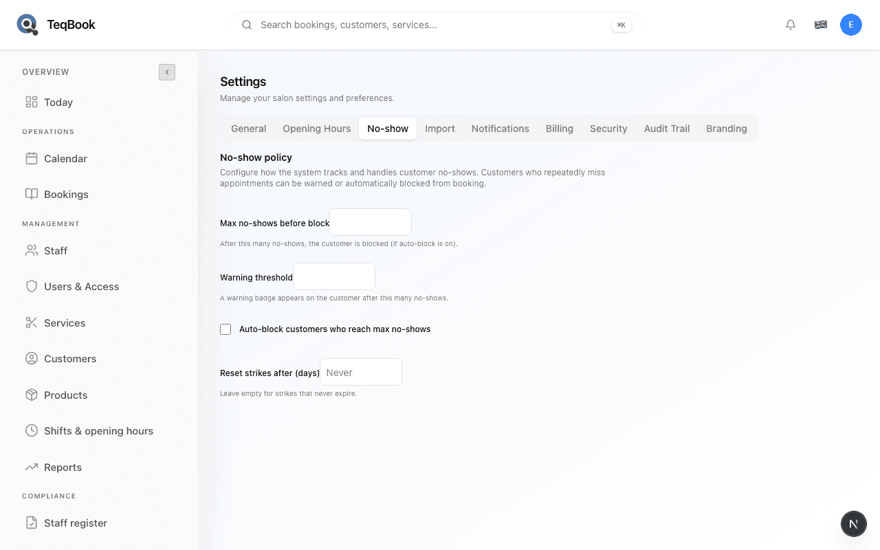 manage no show policy settings screenshot