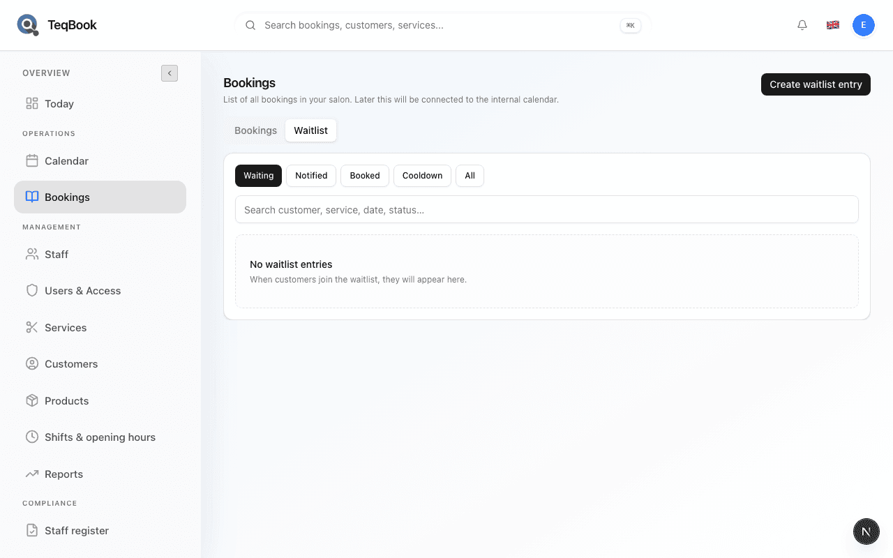 Bookings Waitlist tab with filters