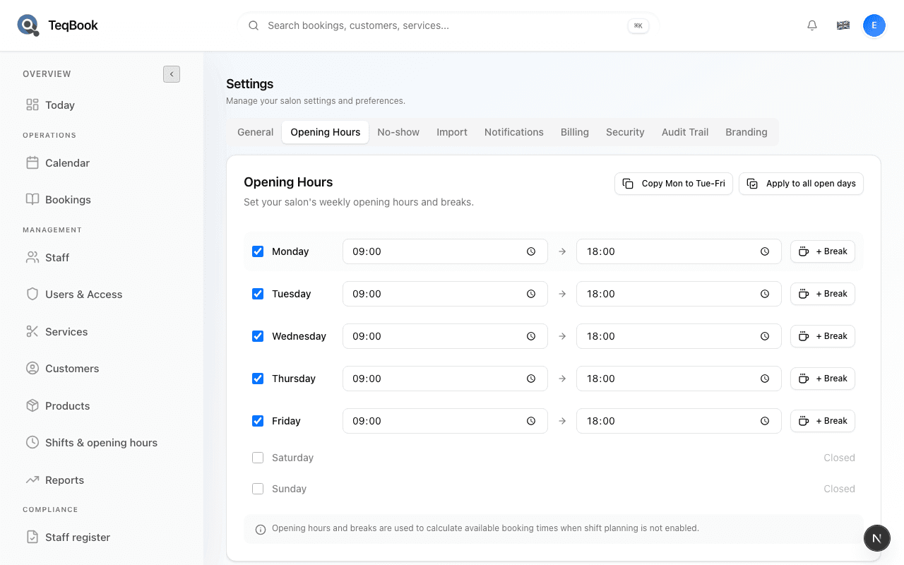 Settings Opening Hours page