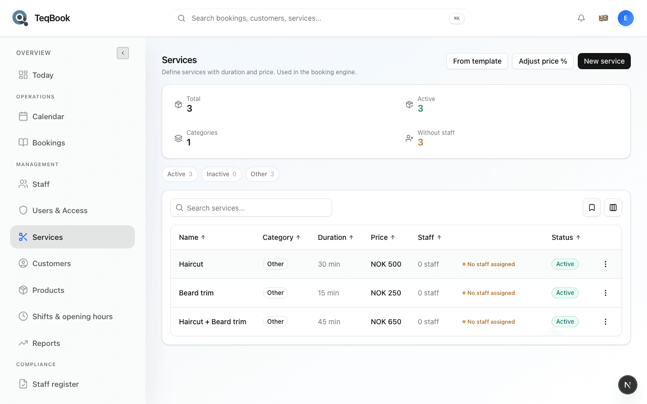 Services page with category chips