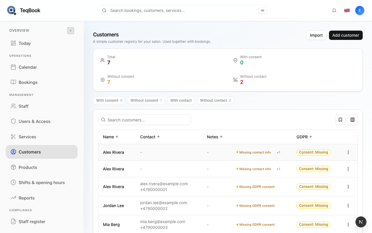 Customers page before Add
