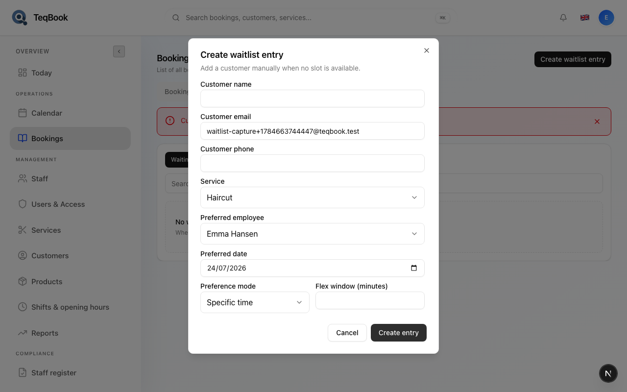 Waitlist entry flow after create