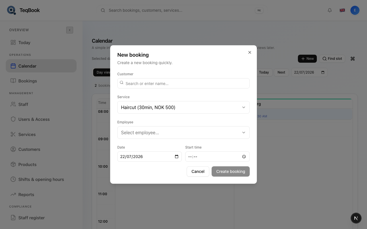 Booking dialog with Haircut service selected