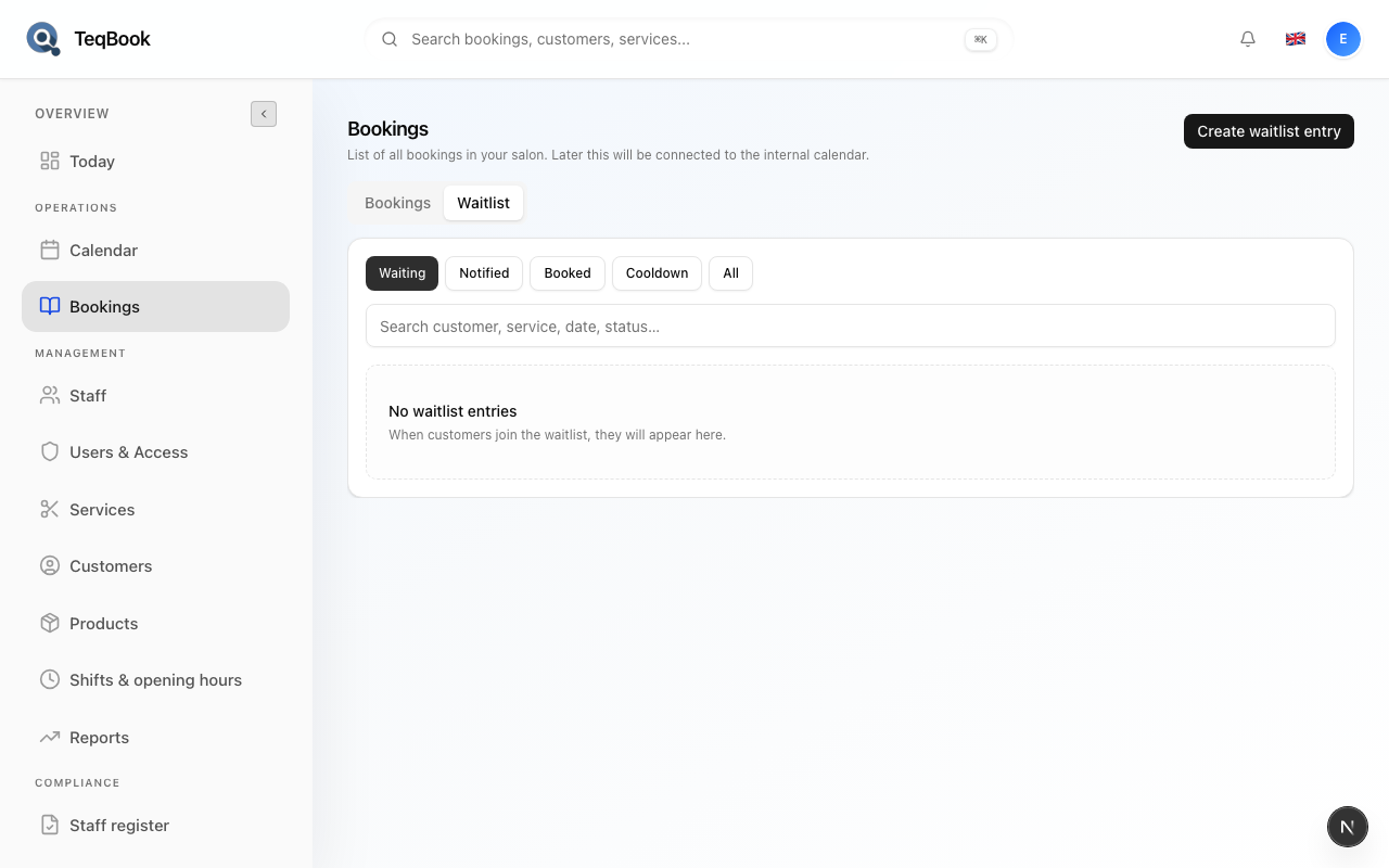 Waitlist filtered to Waiting status