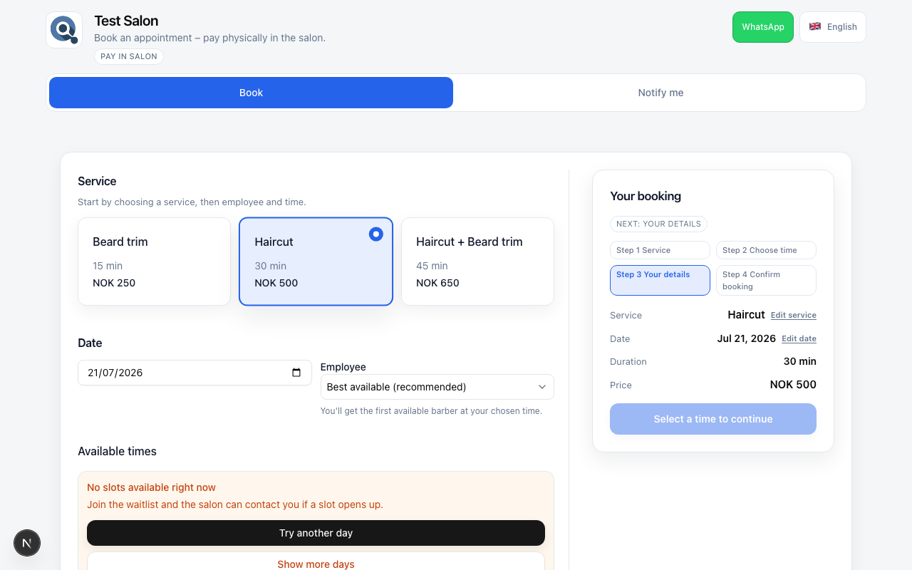Public booking page showing Haircut and Beard trim
